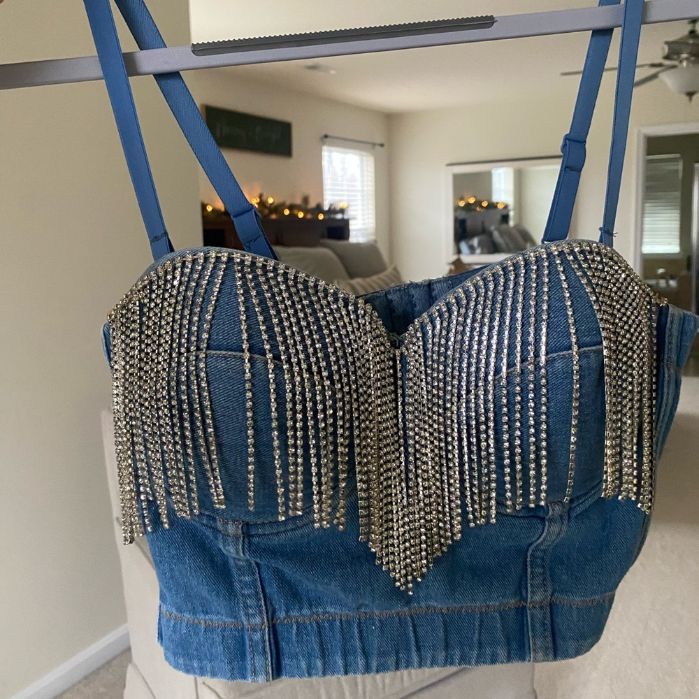 Women’s denim and diamonds cropped bustier top
